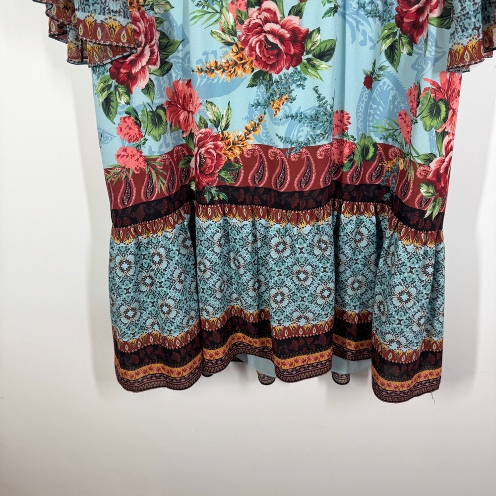 Alice + Olivia Blue Floral Boho Dress Size XS Ruffle Sleeve Tie Neck - Picture 5 of 16